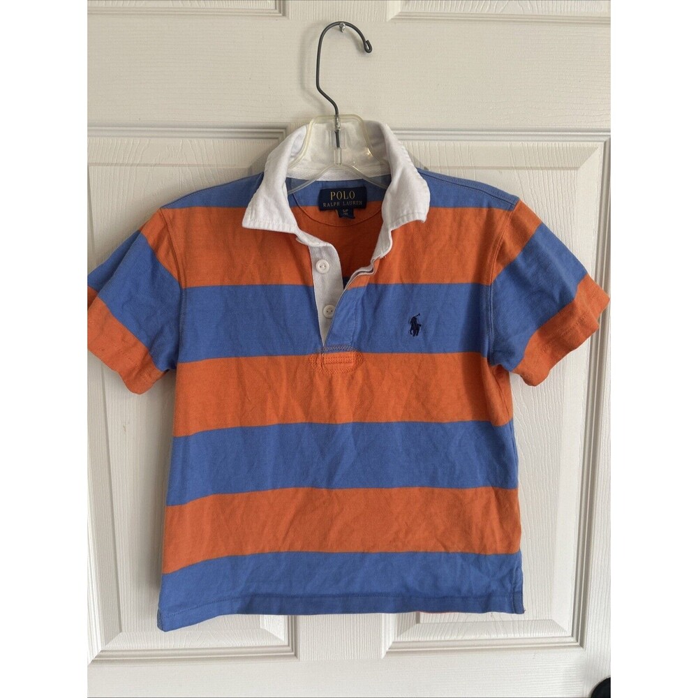 Polo Ralph Lauren Shirt Boys Small 8 Orange Blue Rugby Stripe Logo Pony